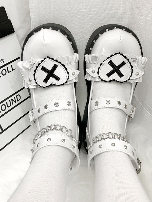 Sweetheart Sanctuary Heart-shaped Buckle Straps Chain White Lolita Platforms