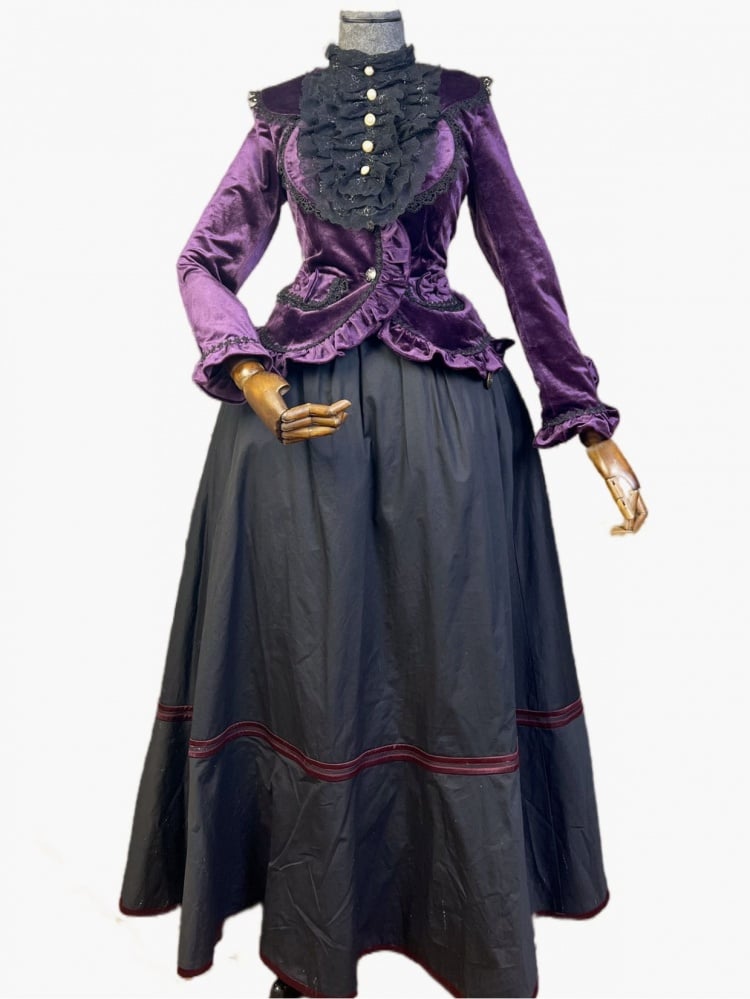 Dark Purple Lace-up Velvet Jacket and Black Vintage Skirt Set