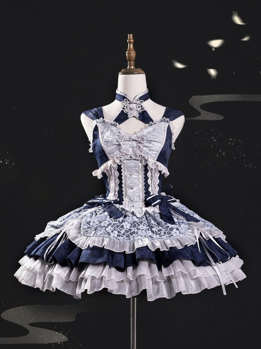 Robe Lolita Qi bleu foncé avec corset et gros nœud