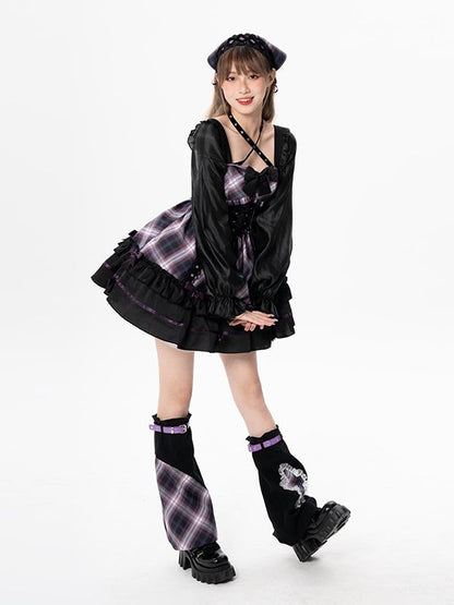 Halter Neck Purple Plaid Long Sleeves One Piece Idol Dress