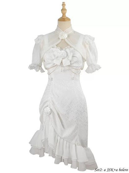 Rose Decoration Jacquard Hemline Mermaid Detail Ruffle JSK White Lolita Bead Camellia