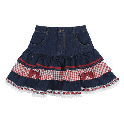 Navy Blue Lace Hem Bow Accents Denim Tiered Skirt Plaid Patchwork