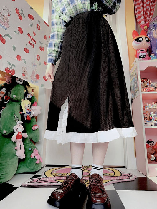 Side Waist Ruffle Shirring Black Skirt Slit Trim