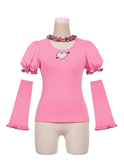 Pink Heart-shaped Cutout Top with Detachable Sleeves