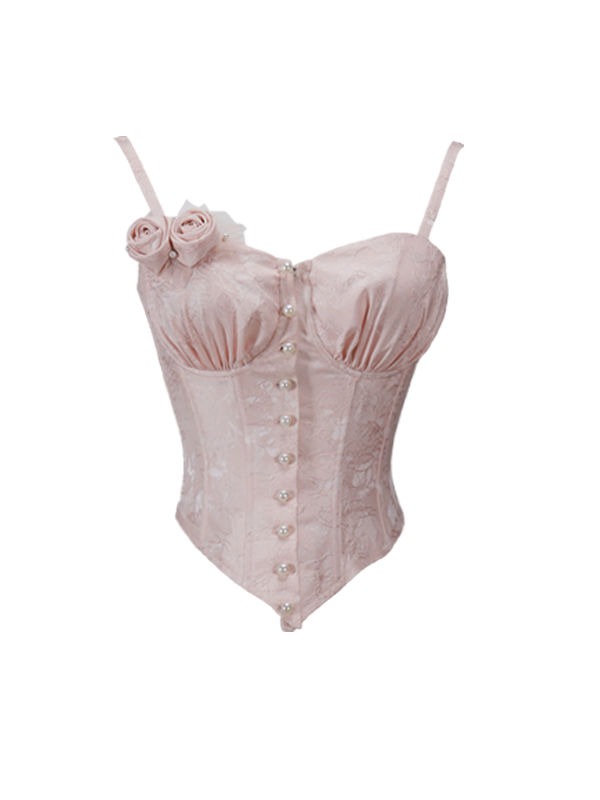 Pink Rosettes Brooch Boned Corset Top