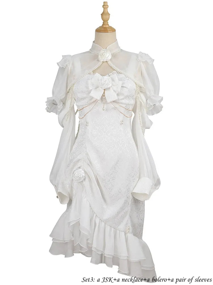 Rose Decoration Jacquard Hemline Mermaid Detail Ruffle JSK White Lolita Bead Camellia