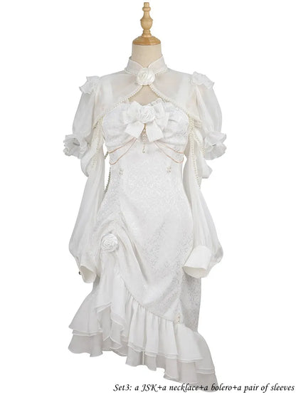 Rose Decoration Jacquard Hemline Mermaid Detail Ruffle JSK White Lolita Bead Camellia