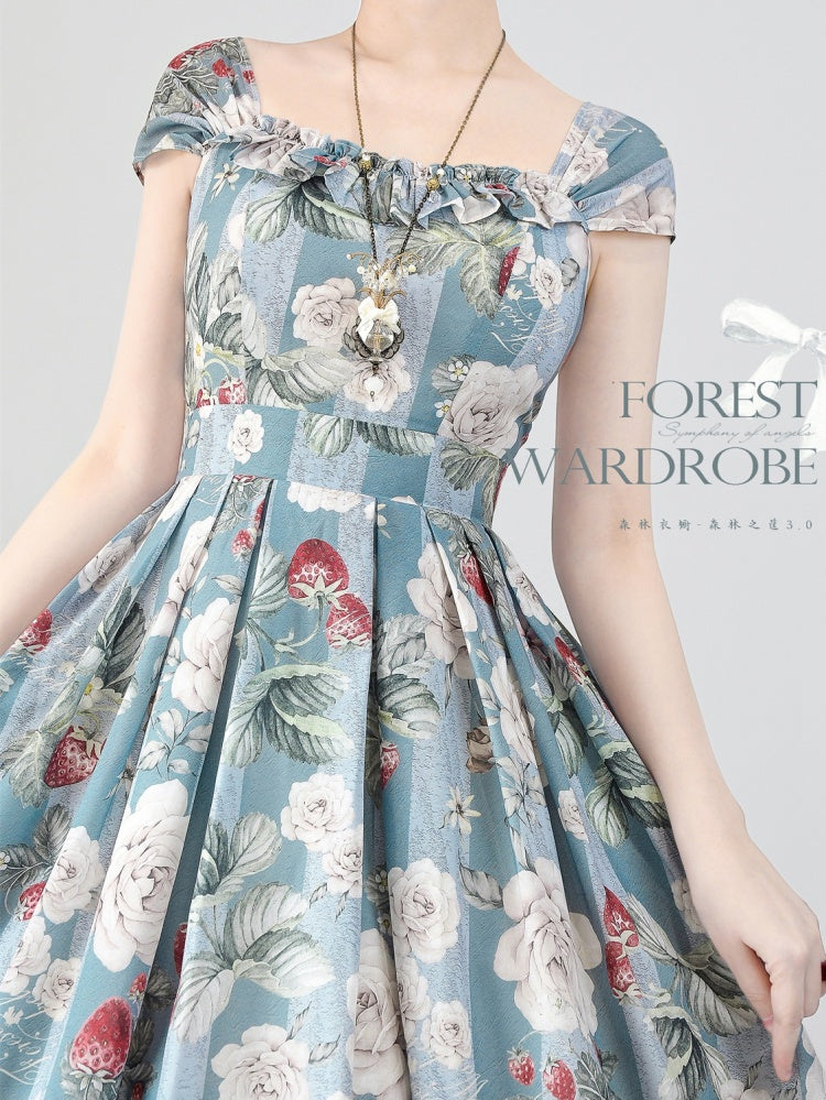 Dusty Blue Strawberry and Rose Jumper Skirt Dress