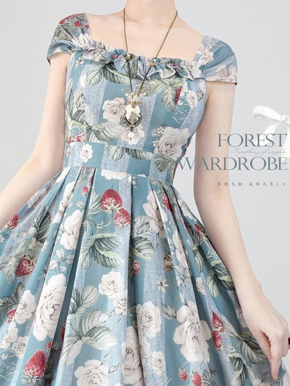 Dusty Blue Strawberry and Rose Jumper Skirt Dress
