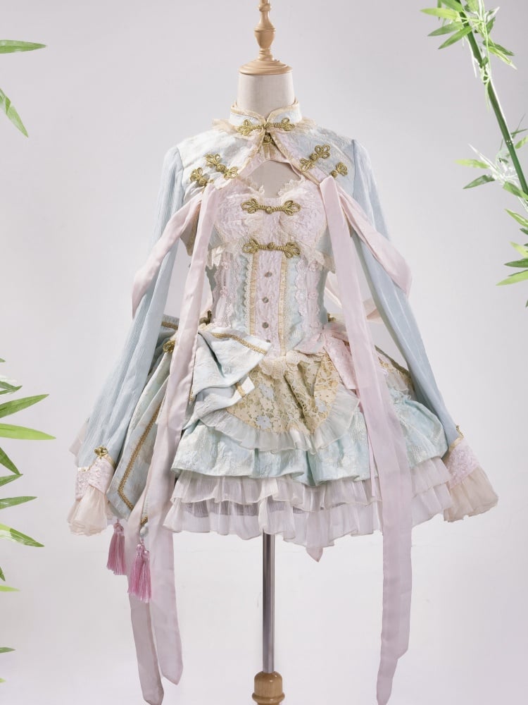 Hellgrünes und rosa Korsettkleid im Chinoiserie-Stil, Qi Lolita JSK-Set