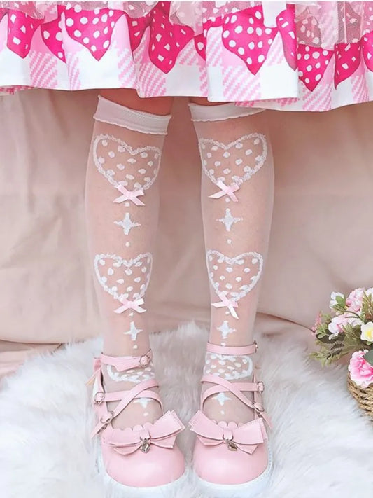 Pink Clearance-Sweetheart Stockings Pattern Bowknot Details White Knee Over