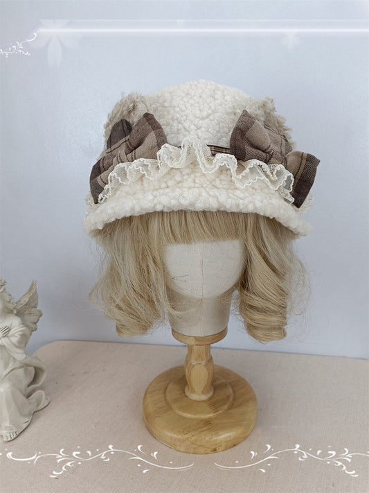 Plüsch/Besatz Cremefarbener Eimer Beige Schleifen Gelber Hut Spitze Licht