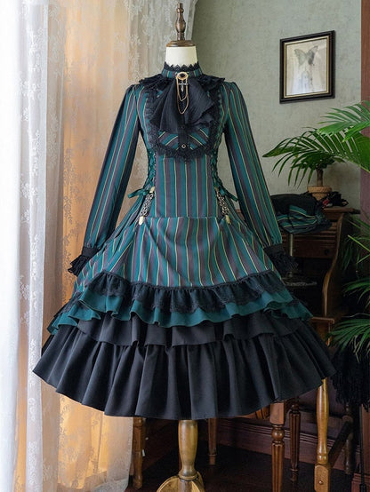 with Striped Lace-Up Gothic Petite Ruffle Collar Lolita Dress Waist