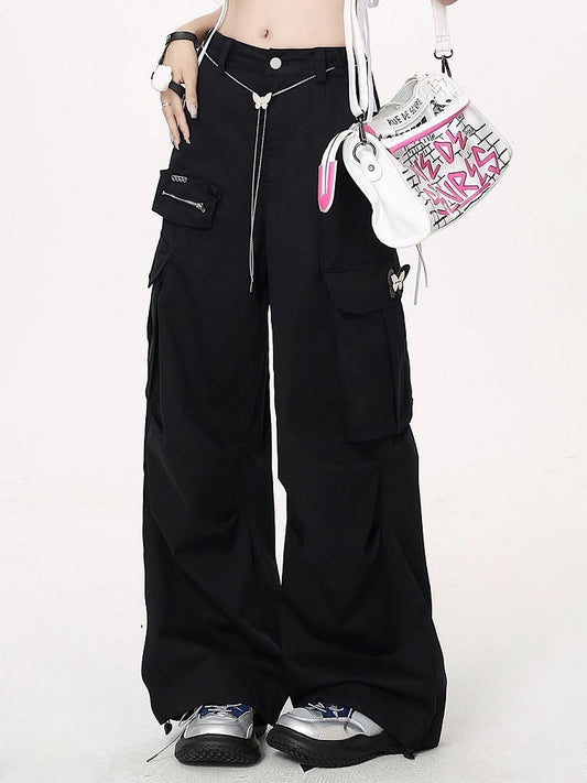 with Pants Cargo Techwear Wide-leg Waist Chain Black Butterfly