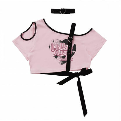 Rosa asymmetrisches T-Shirt mit offener Schulter und Grafik