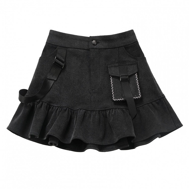 Gray Denim Ruffle Hem Skirt Dark Mini