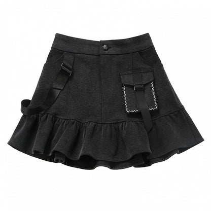 Gray Denim Ruffle Hem Skirt Dark Mini