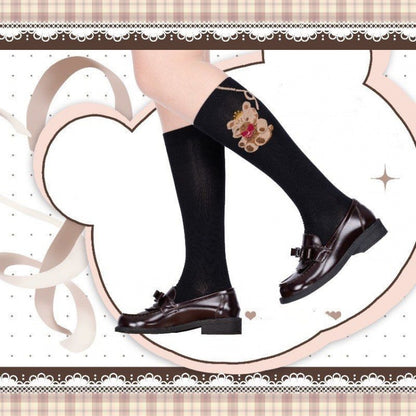 Bear Bow Lace-up Print Lolita Under Knee Stockings