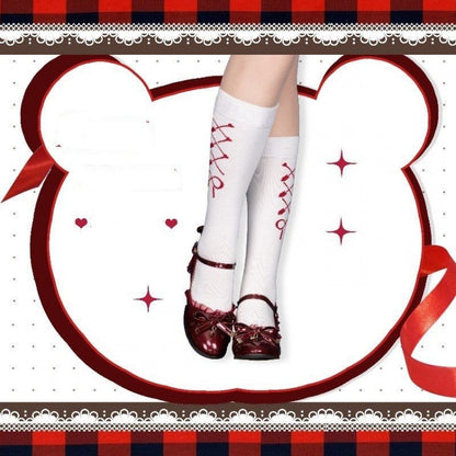 Bear Bow Lace-up Print Lolita Under Knee Stockings