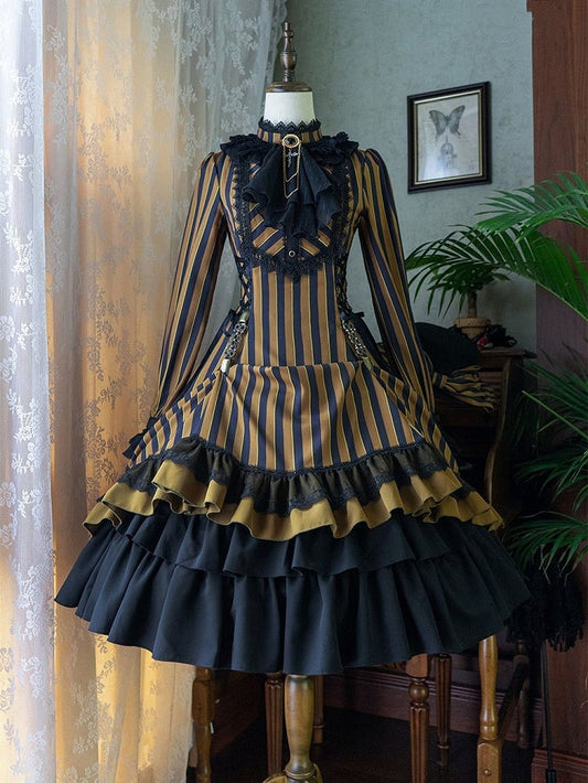 with Striped Lace-Up Gothic Petite Ruffle Collar Lolita Dress Waist