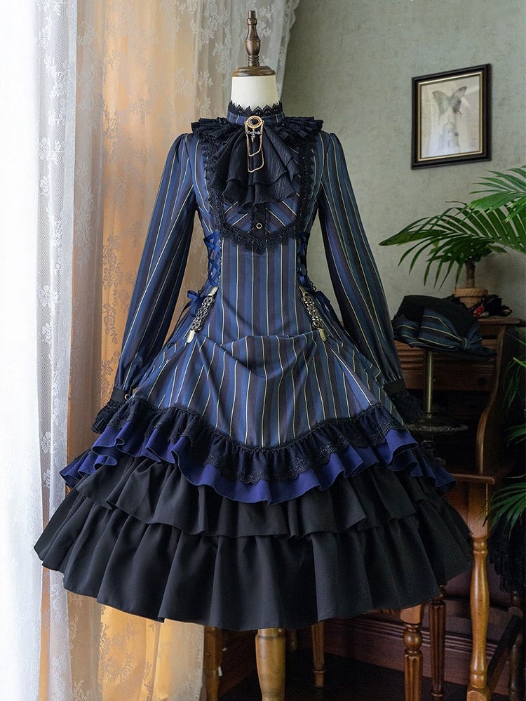 with Striped Lace-Up Gothic Petite Ruffle Collar Lolita Dress Waist