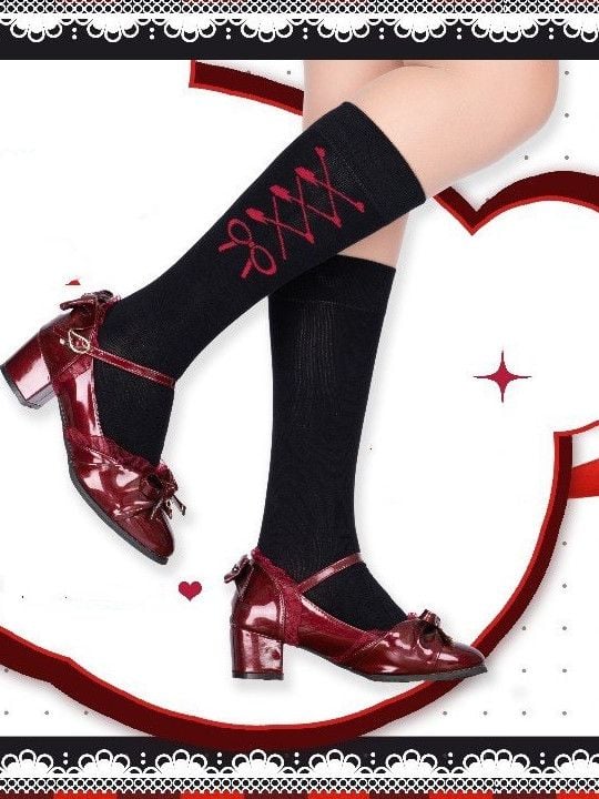 Bear Bow Lace-up Print Lolita Under Knee Stockings