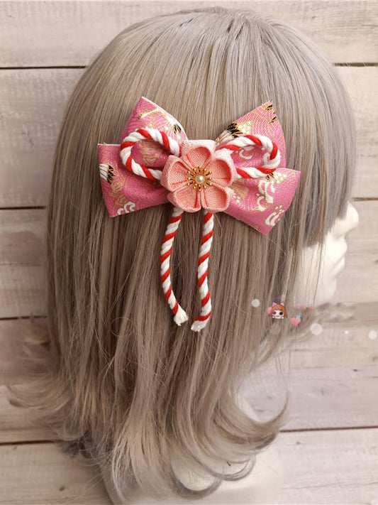 Red / Pink Handmade Sakura Design Bow Hairclip