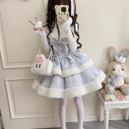 ブルーのスノーフレークリボンボディス冬用プラッシュトリミングストラップレスドレス