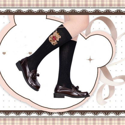 Bear Bow Lace-up Print Lolita Under Knee Stockings