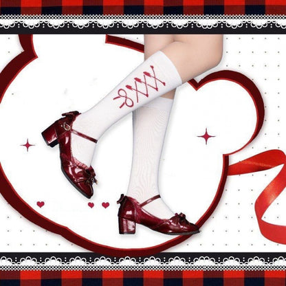 Bear Bow Lace-up Print Lolita Under Knee Stockings