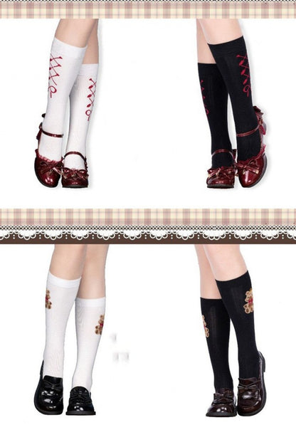 Bear Bow Lace-up Print Lolita Under Knee Stockings