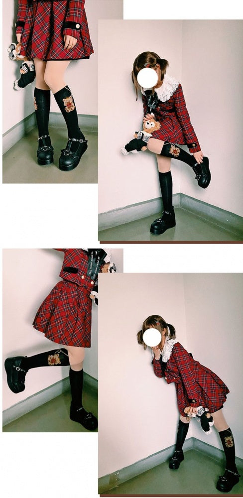 Bear Bow Lace-up Print Lolita Under Knee Stockings