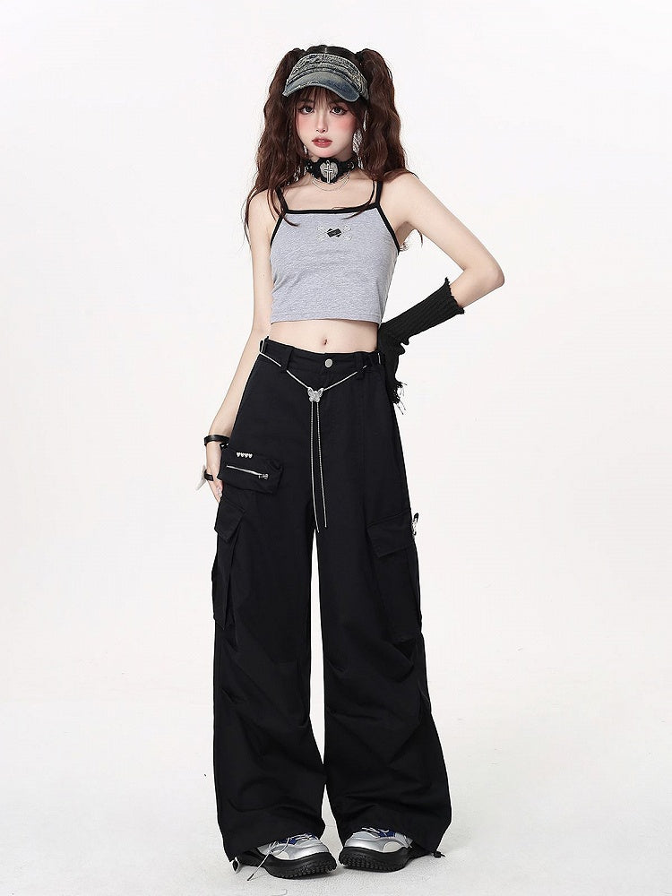 with Pants Cargo Techwear Wide-leg Waist Chain Black Butterfly