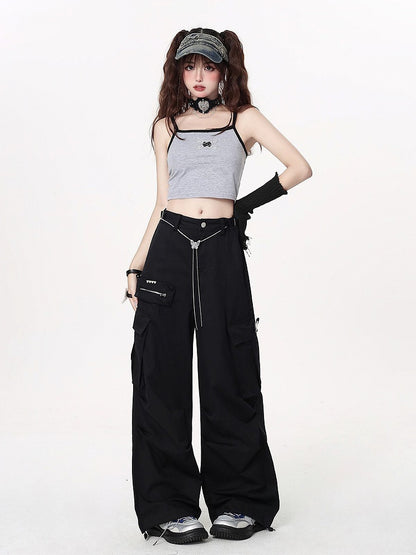with Pants Cargo Techwear Wide-leg Waist Chain Black Butterfly