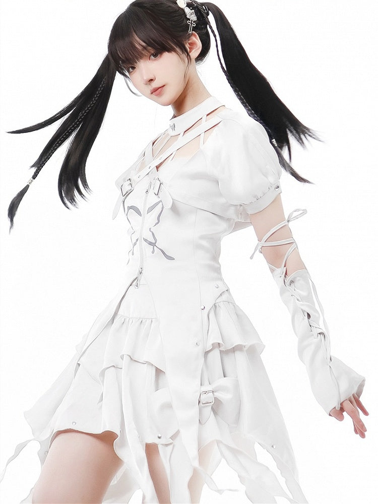 Irregular Cropped White Sleeves Print Set Top+Butterfly Top+Lace-up Halter