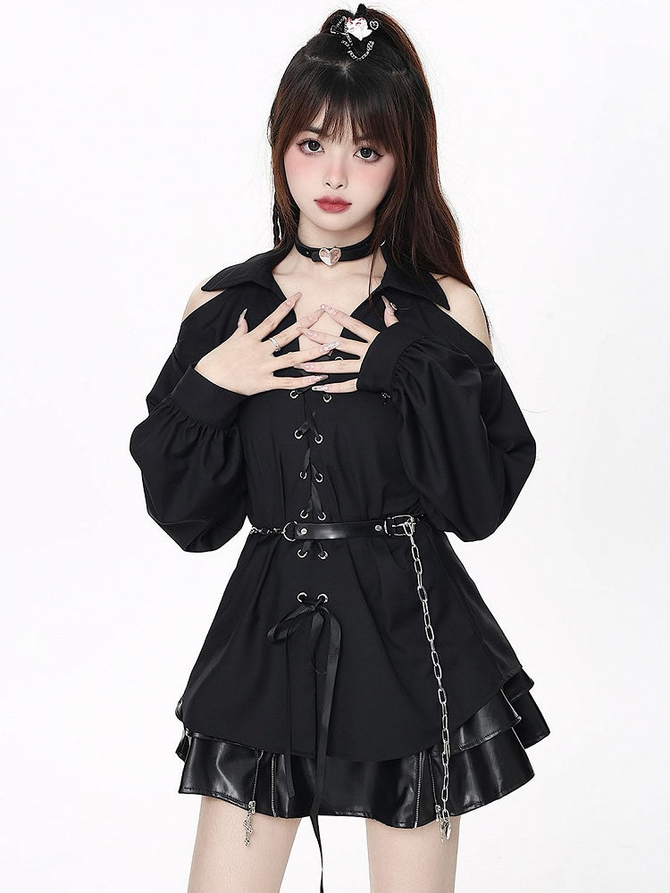 with Open-shoulder Free Lace-up Black Shirt Chain Waist