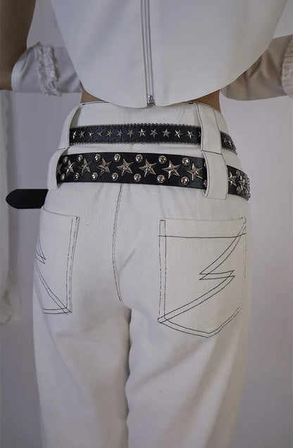 Bund Denim Details (Hüftgurte Doppel Hose Schnürung Weiß Enthalten) Nicht