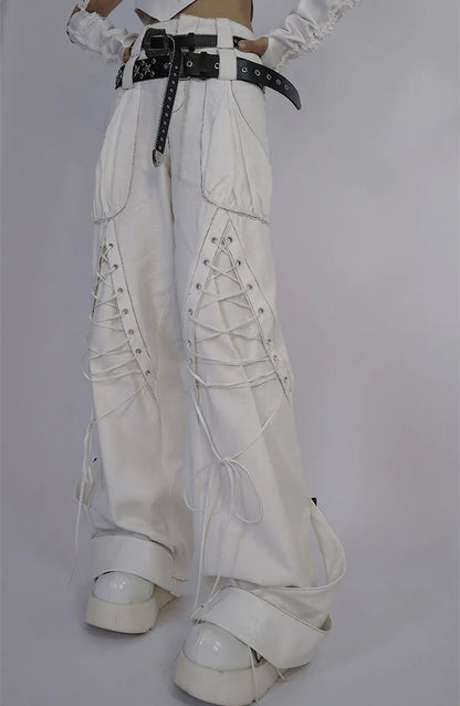 Bund Denim Details (Hüftgurte Doppel Hose Schnürung Weiß Enthalten) Nicht