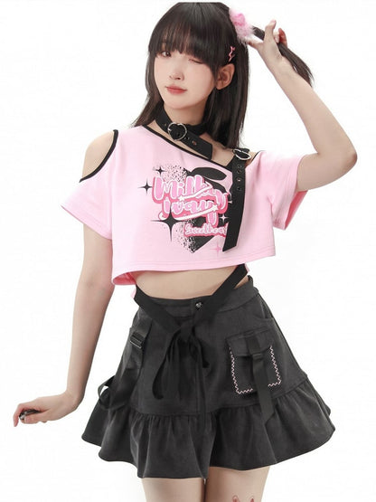 Rosa asymmetrisches T-Shirt mit offener Schulter und Grafik