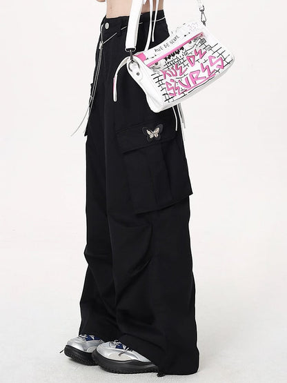 with Pants Cargo Techwear Wide-leg Waist Chain Black Butterfly