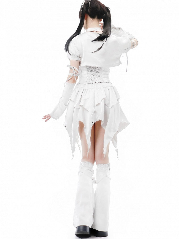 Irregular Cropped White Sleeves Print Set Top+Butterfly Top+Lace-up Halter