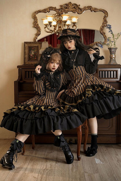 with Striped Lace-Up Gothic Petite Ruffle Collar Lolita Dress Waist
