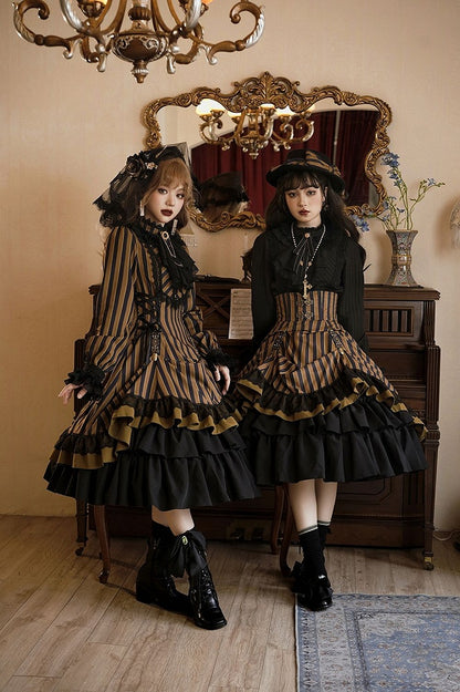 with Striped Lace-Up Gothic Petite Ruffle Collar Lolita Dress Waist