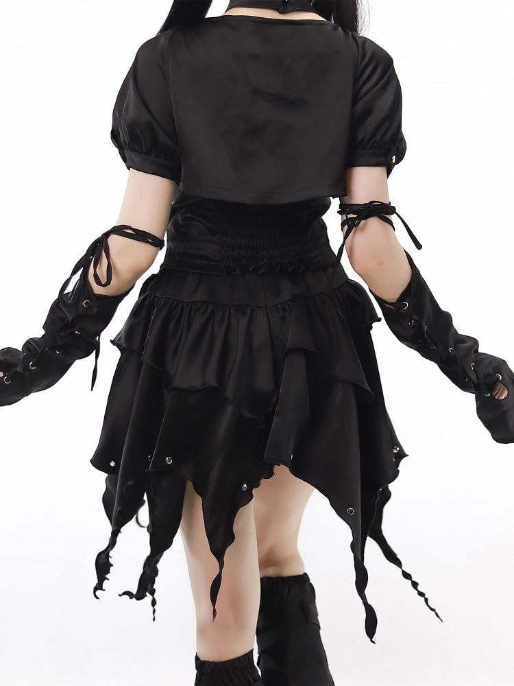 Cropped Top+Lace-up Set Irregular Print Black Halter Top+Butterfly Sleeves