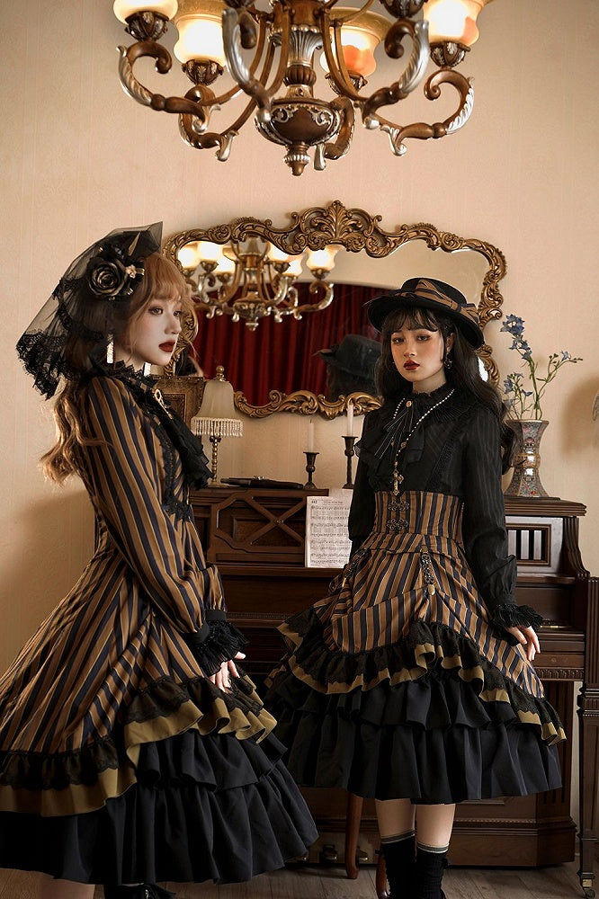 with Striped Lace-Up Gothic Petite Ruffle Collar Lolita Dress Waist
