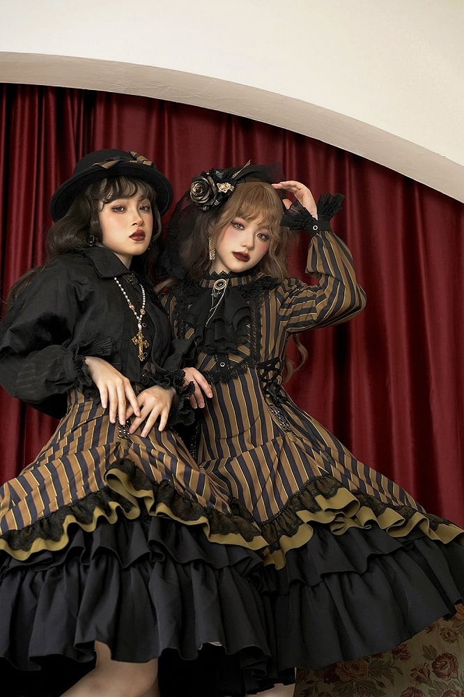 with Striped Lace-Up Gothic Petite Ruffle Collar Lolita Dress Waist