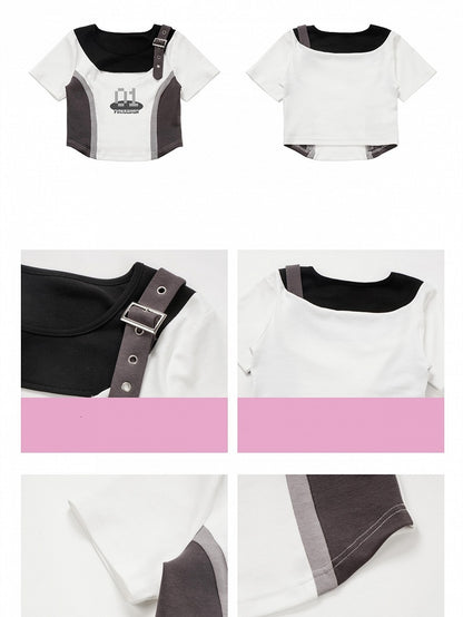 Ausgeschnittenes Colorblock-Techwear-T-Shirt-Design auf der Brust