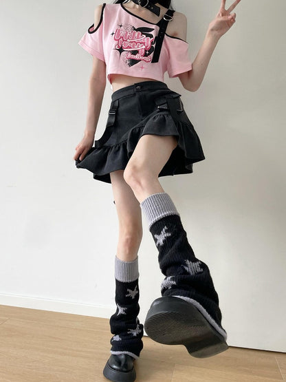 Gray Denim Ruffle Hem Skirt Dark Mini