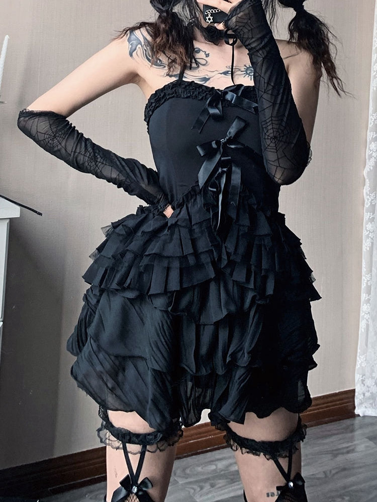 Black Tiered Ruffle Hem Top with Bowknots