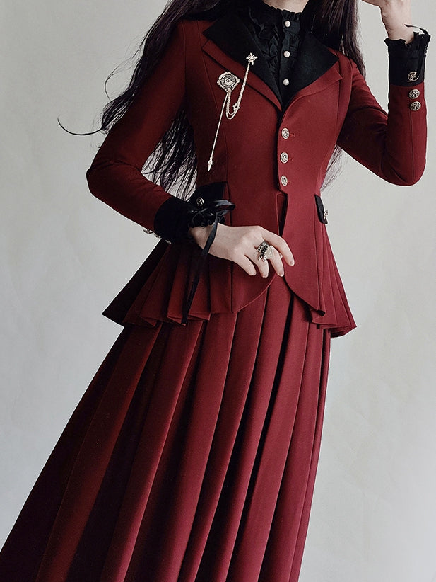 Plus Size Friendly-Wine Red Pleating Details Blazer Skirt Set